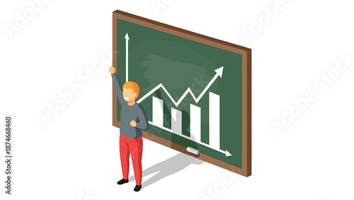 Isometric business presentation with rising graph on chalkboard