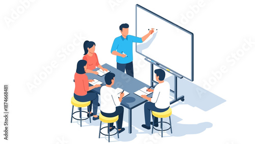 Team meeting in modern office: isometric style brainstorming with whiteboard