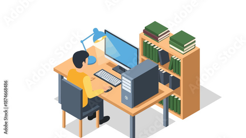 Isometric home office workspace with computer and books