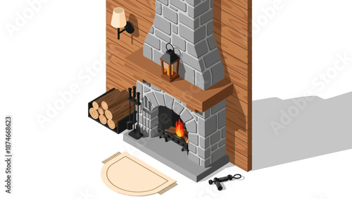 Cozy isometric fireplace with rustic brick and wood wall in modern interior design