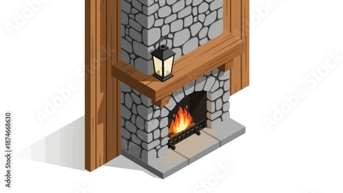 Cozy isometric stone fireplace with burning fire and wooden mantel
