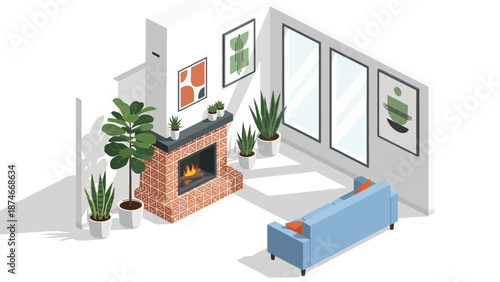 Cozy modern isometric living room with fireplace and indoor plants