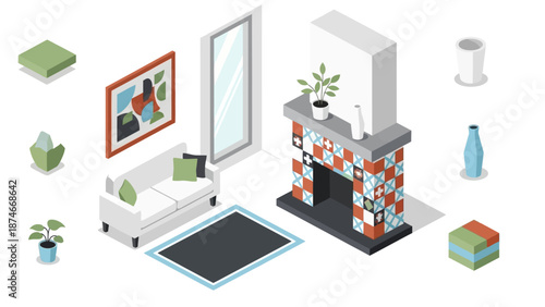 Cozy living room interior with modern fireplace and geometric decor in isometric style