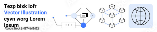 Blockchain applications, global communication, data security, networking, decentralized systems, digital innovation. Diagram of blocks, connections and a globe icon. Blockchain and global