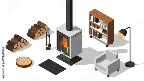 Cozy isometric interior with fireplace and modern furniture