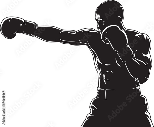 Silhouette Illustration of Boxer Throwing a Powerful Punch on White Background