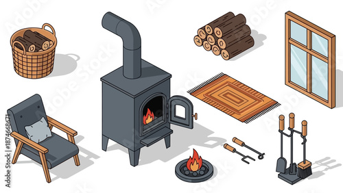 Cozy wood stove scene with rustic elements in isometric design
