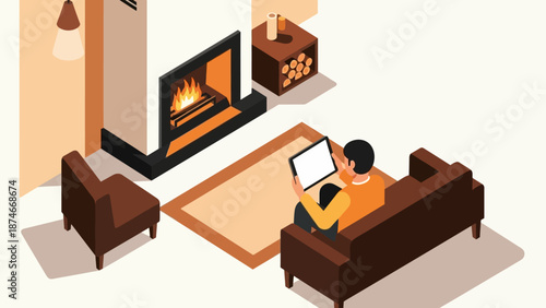 Cozy living room with modern fireplace and person relaxing on sofa with tablet