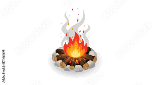 Campfire with logs and flames on white background in flat design