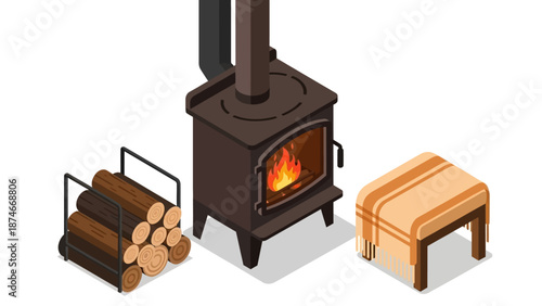 Cozy rustic fireplace with logs and blanket in isometric style