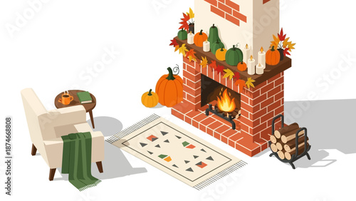 Cozy autumn living room with fireplace and pumpkins in isometric style