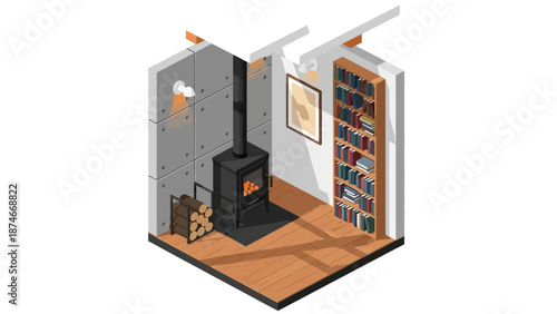Cozy reading nook with fireplace in isometric room design