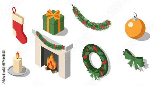 Festive christmas essentials: isometric decorations and fireplace set for holiday cheer