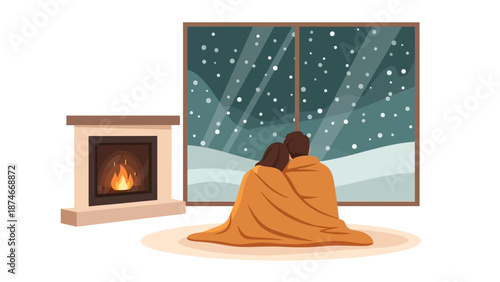 Cozy winter evening by the fireplace: couple watching falling snow through window