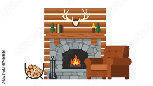 Cozy fireplace scene with armchair and warm decor