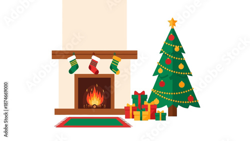 Cozy holiday interior with fireplace, christmas tree, and decorations