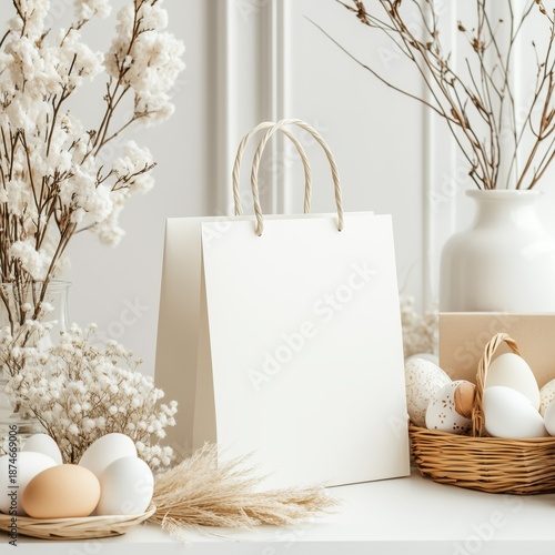 Easter card with a focus on natural beauty and delicate details. The eggs, flowers, and neutral tones create a sophisticated and festive atmosphere.