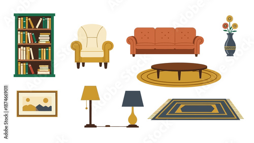 Cozy living room elements in flat design featuring furniture and decor items