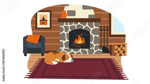 Cozy living room with sleeping dog by fireplace in flat design