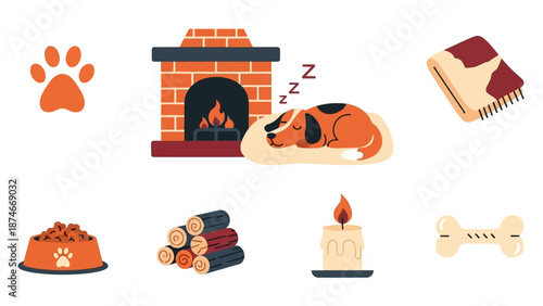 Cozy home with sleepy dog by fireplace in flat autumn style
