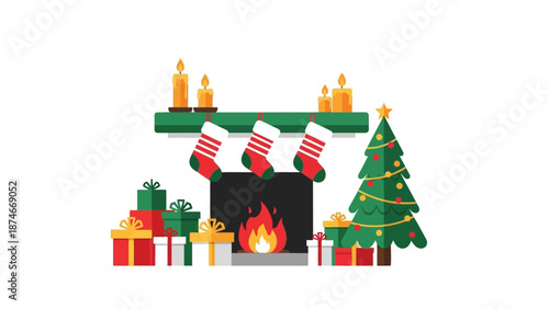 Festive fireplace and christmas tree with stockings and gifts in flat design