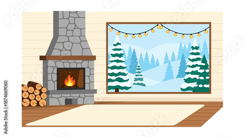 Cozy winter cabin interior with fireplace and snowy mountain view through window