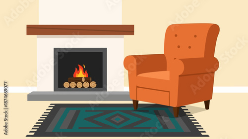 Cozy living room with fireplace and orange armchair in flat design