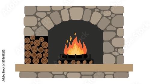 Cozy stone fireplace with burning firewood in flat style
