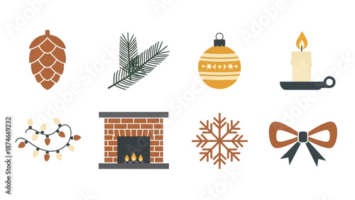 Cozy winter holiday decor and festive symbols collection in flat design