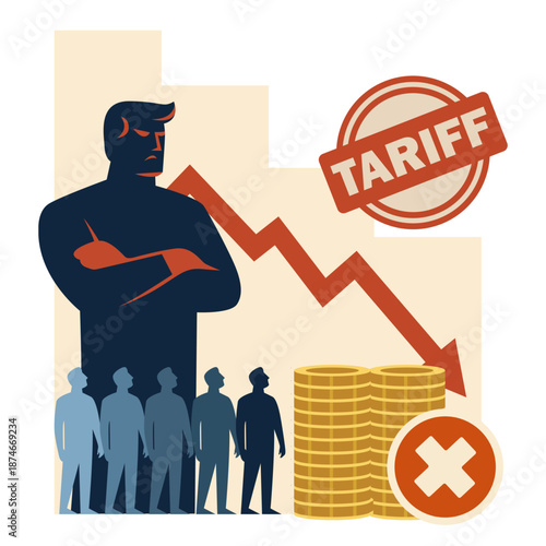 Large Leader Figure with Import Tariffs Seal, Falling Economic Arrow, and Financial Burden on Common People.