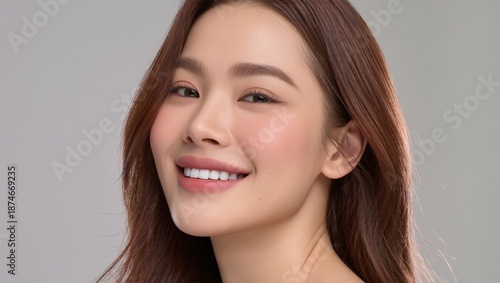 Asian woman with long brown hair and a radiant smile, showcasing natural beauty in a soft-lit studio environment, emphasizing confidence and positivity