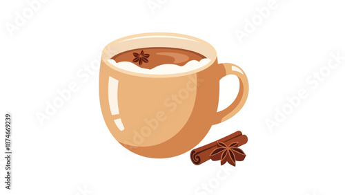 Cozy flat style hot coffee cup with cinnamon and star anise for warm beverages