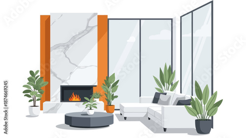 Modern minimalist living room design with white sofa and indoor plants