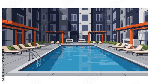 Modern apartment complex with outdoor pool and sun loungers in flat style