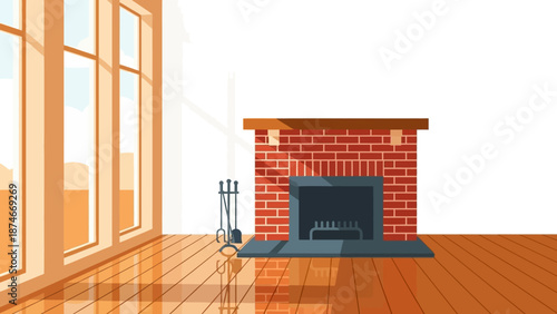 Cozy living room with brick fireplace and large windows in flat design