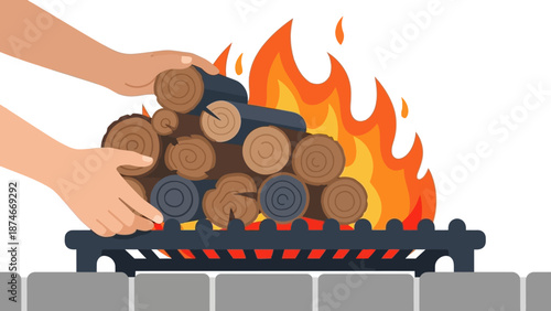 Adding firewood on the fireplace for a cozy flame in flat design