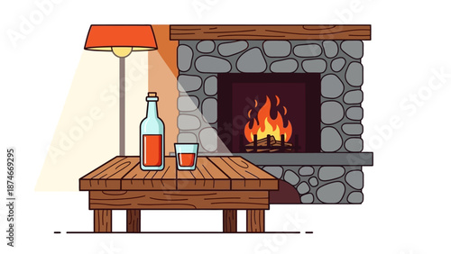 Cozy living room scene with stone fireplace and warm lighting