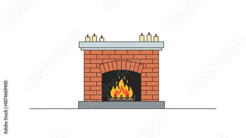 Cozy brick fireplace with burning flames and candles on white background