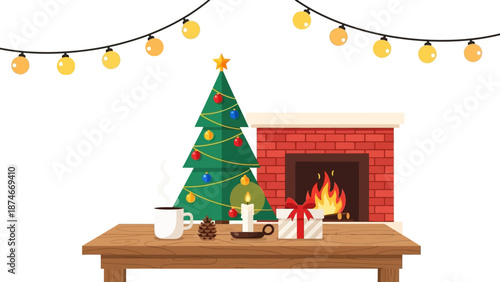 Festive christmas scene with tree and fireplace decorated with warm lights