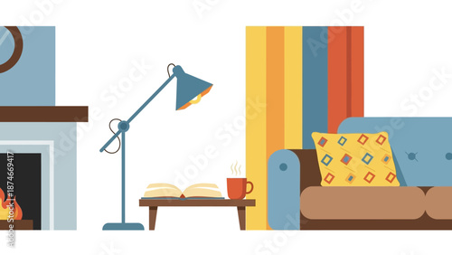 Cozy living room interior with retro decor and fireplace