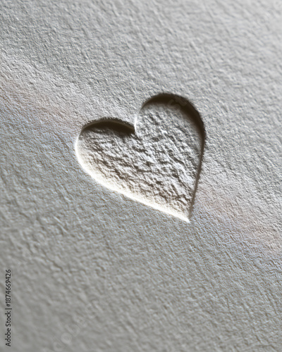 Heart shape embossed on textured white paper