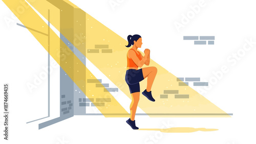 Woman exercising indoors with sunlight streaming through window