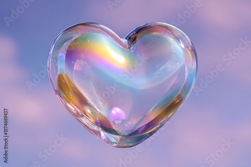 Bubble shaped like a heart floats in clear sky