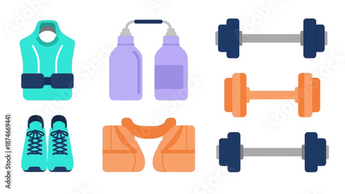 Colorful fitness equipment collection with dumbbells, shoes, and water bottles in a flat design