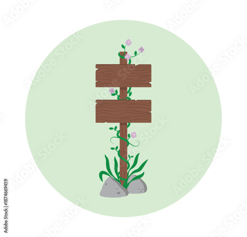 Vector drawing of wooden signposts surrounded by vegetation with flowers