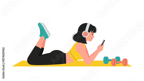 Woman exercising with smartphone in flat style with dumbbells and headphones