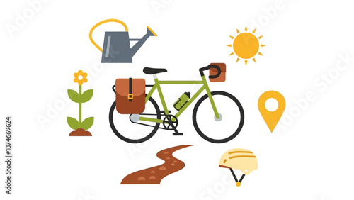 Flat design bicycle with helmet, sun, and flower elements
