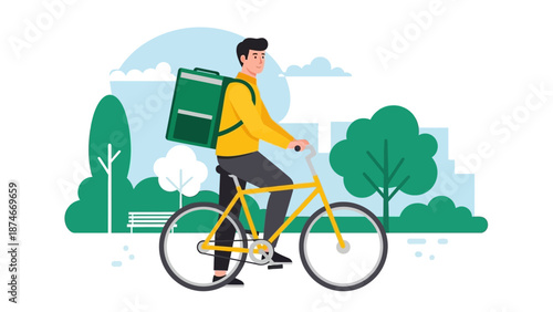 Eco-friendly bicycle delivery service in urban park setting with courteous courier