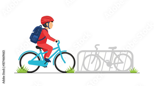 Child bicycles to school in flat style wearing red helmet and blue backpack