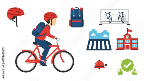 Bicycle commuting essentials: flat style illustrations